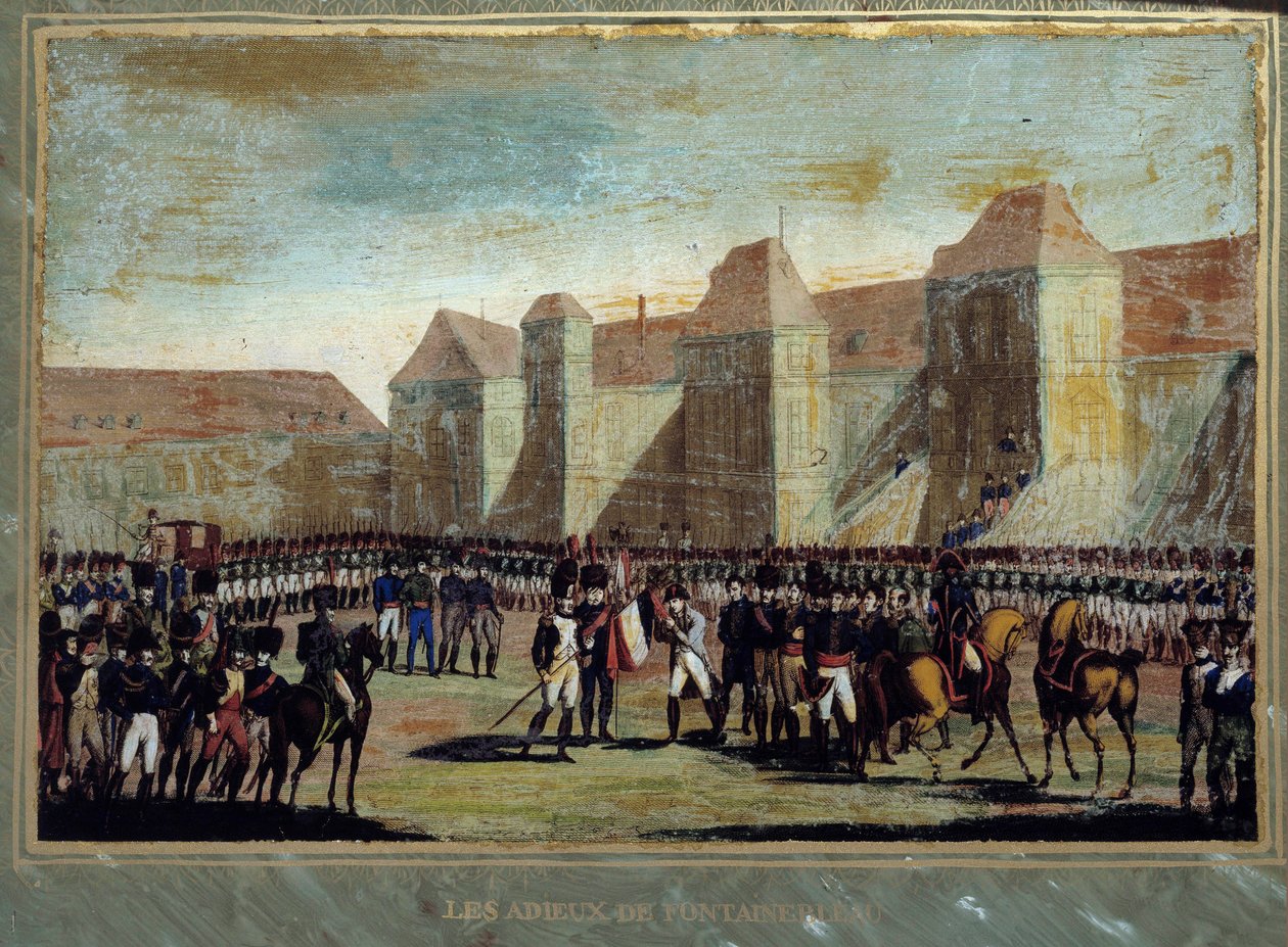 The farewell of Napoleon Bonaparte (1769-1821) has the imperiale guard in the courtyard of Cheval Blanc in Fontainebleau on 20/04/1814. Anonymous painting. 1814 Aix Island, Napoleonic museum بواسطة المدرسة الفرنسية