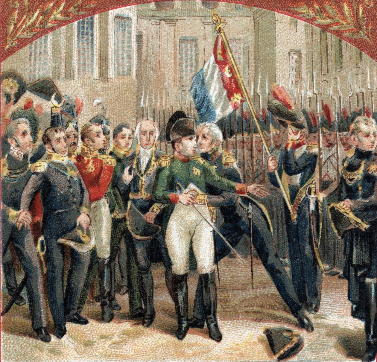 في وداع نابليون بونابرت (1769-1821) كان الحرس الإمبراطوري في ساحة شوفال بلان في قلعة فونتينبلو في 20/04/1814. الطباعة الحجرية الملونة في أواخر القرن التاسع عشر بواسطة المدرسة الفرنسية