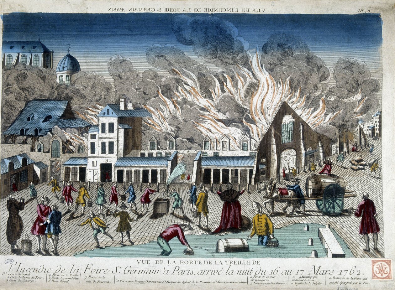 حريق معرض سان جيرمان في باريس ليلة 16 إلى 17 مارس 1762 - نقش بواسطة المدرسة الفرنسية