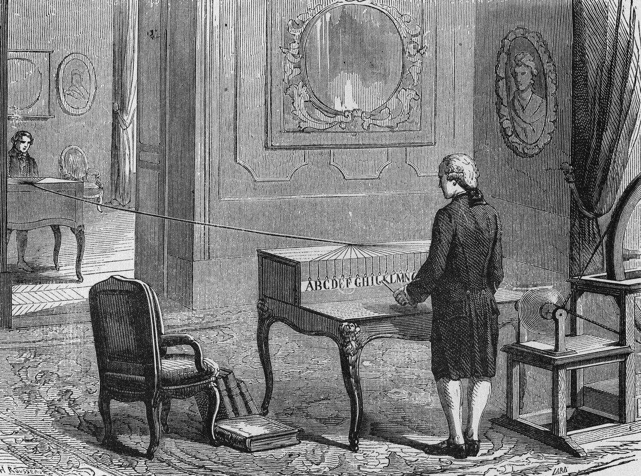 أول تلغراف كهربائي (جهاز جورج ليساج) ، جنيف 1760. في "Album de la Science" ، Éditions Jouvet بواسطة المدرسة الفرنسية
