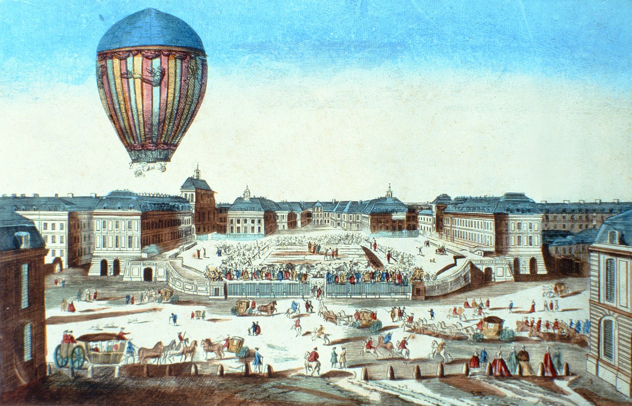 أول رحلة لبالونات الهواء الساخن Pilatre du Roziers ، سميت على اسم راعيها ، M. Montgolfier ، في فرساي في 23 يونيو 1784 بواسطة المدرسة الفرنسية