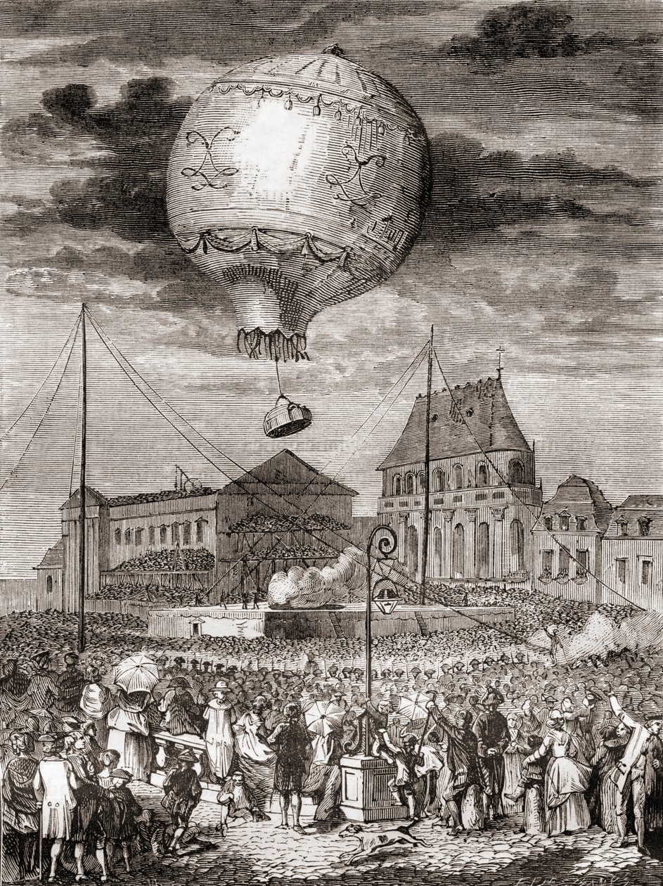 The flight of the Aérostat Réveillon on 19th of September 1783 by the Montgolfier brothers at Versailles, France, before King Louis XVI of France and Queen Marie Antoinette, from Les Merveilles de la Science, published c.1870 (engraving) بواسطة المدرسة الفرنسية