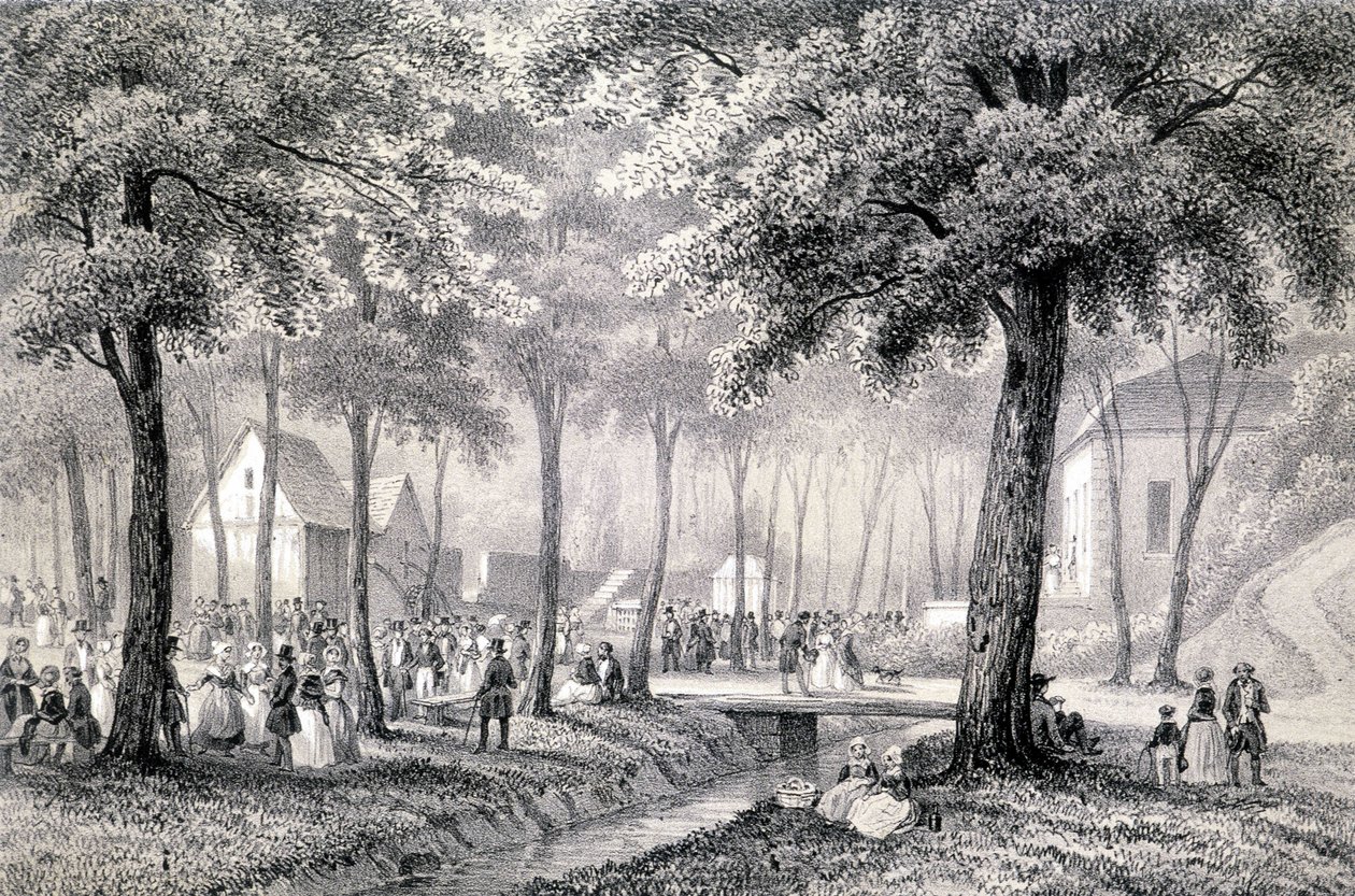 ينبوع دينان (كوت دي أرمور). نقش (1850) من "رسم توضيحي إحصائي لمدينة وحي دينان" لتشارلز ليكوك ، محفوظ في مكتبة بلدية دينان. بواسطة المدرسة الفرنسية