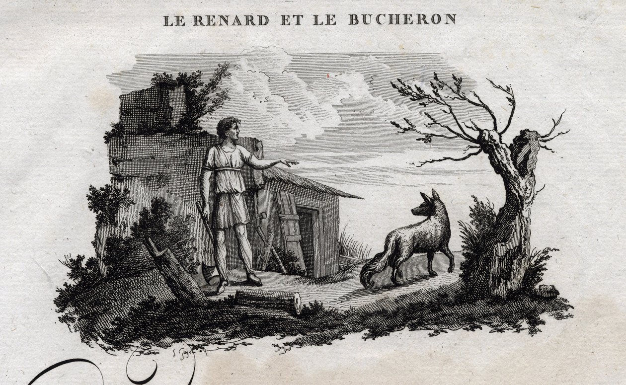 الثعلب والحطاب. حكاية Esope. (الكاتب اليوناني Esopo أو Ecopus ، القرن السادس قبل الميلاد) كتبه Guillaume Montfort and Gravees بواسطة Beauble في عام 1801. بواسطة المدرسة الفرنسية