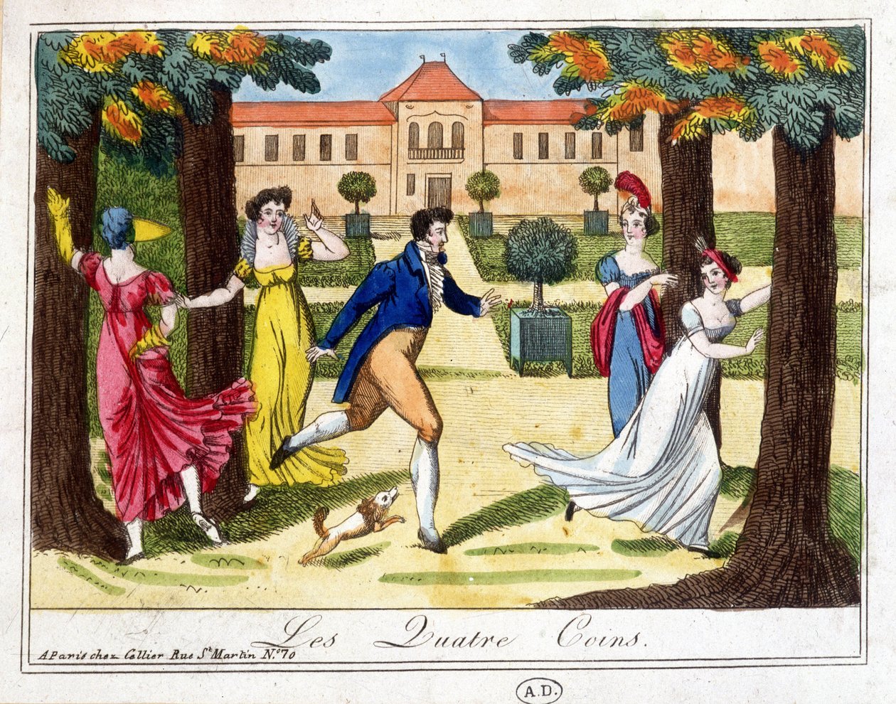 The game of the four corners. Engraving early 19th century. بواسطة المدرسة الفرنسية