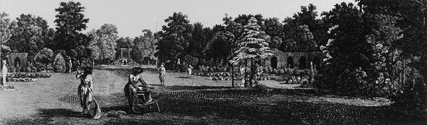 حدائق كارلتون هاوس ، بال مول ، من 'Jardins Anglo-Chinois: تفاصيل des Nouveaux Jardins a la Mode' ، بقلم جورج لويس لو روج ، نُشرت حوالي 1770-187 (نقش) (صورة بالأبيض والأسود) بواسطة المدرسة الفرنسية