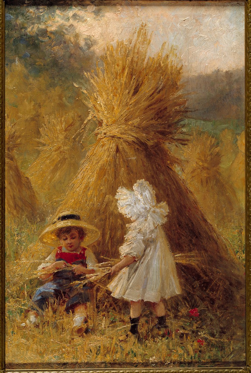 The haystack Two children in the fields. Painting of the French school of the 19th century. Private Collection بواسطة المدرسة الفرنسية