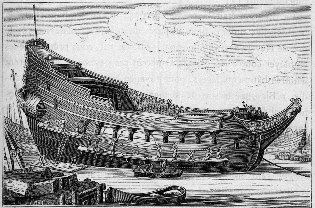 بدن سفينة كبيرة في القرن السابع عشر. نقش في "La Marine et les Colonies: Commerce" بواسطة المدرسة الفرنسية