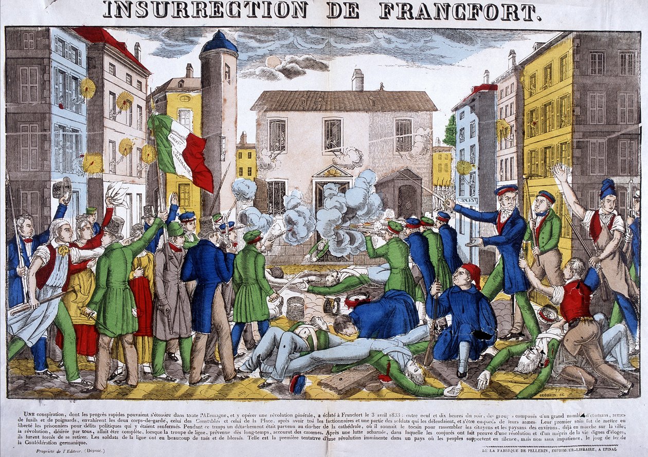 تمرد فرانكفورت في 3 أبريل 1833 ، عاصمة الاتحاد الألماني. صورة إبينال بواسطة المدرسة الفرنسية