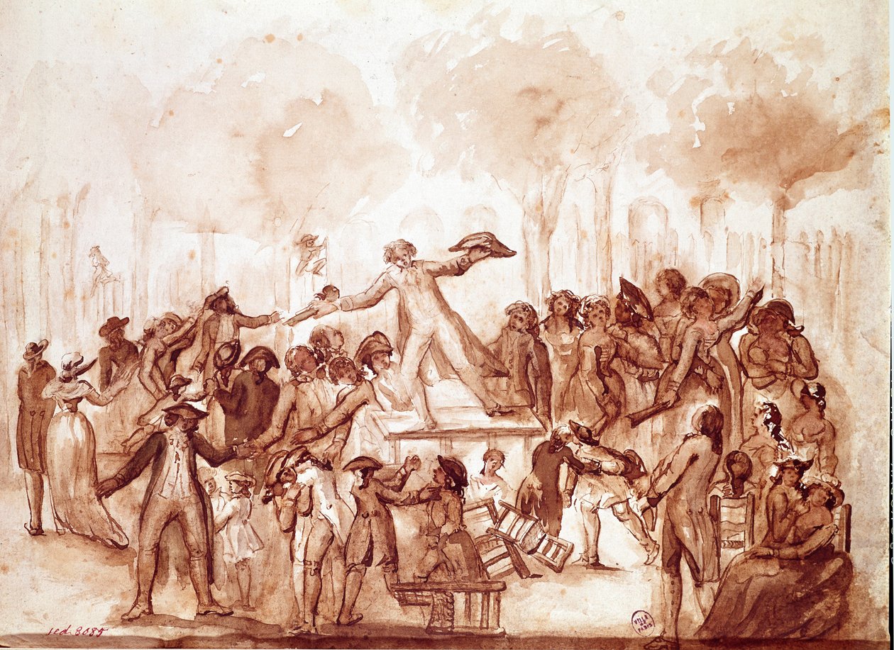 الصحافي كميل ديسمولان (1760-1794) يرعى الوطنيين في حدائق القصر الملكي "" المشهد الأول للثورة الفرنسية في باريس ، 12 يوليو. بواسطة المدرسة الفرنسية