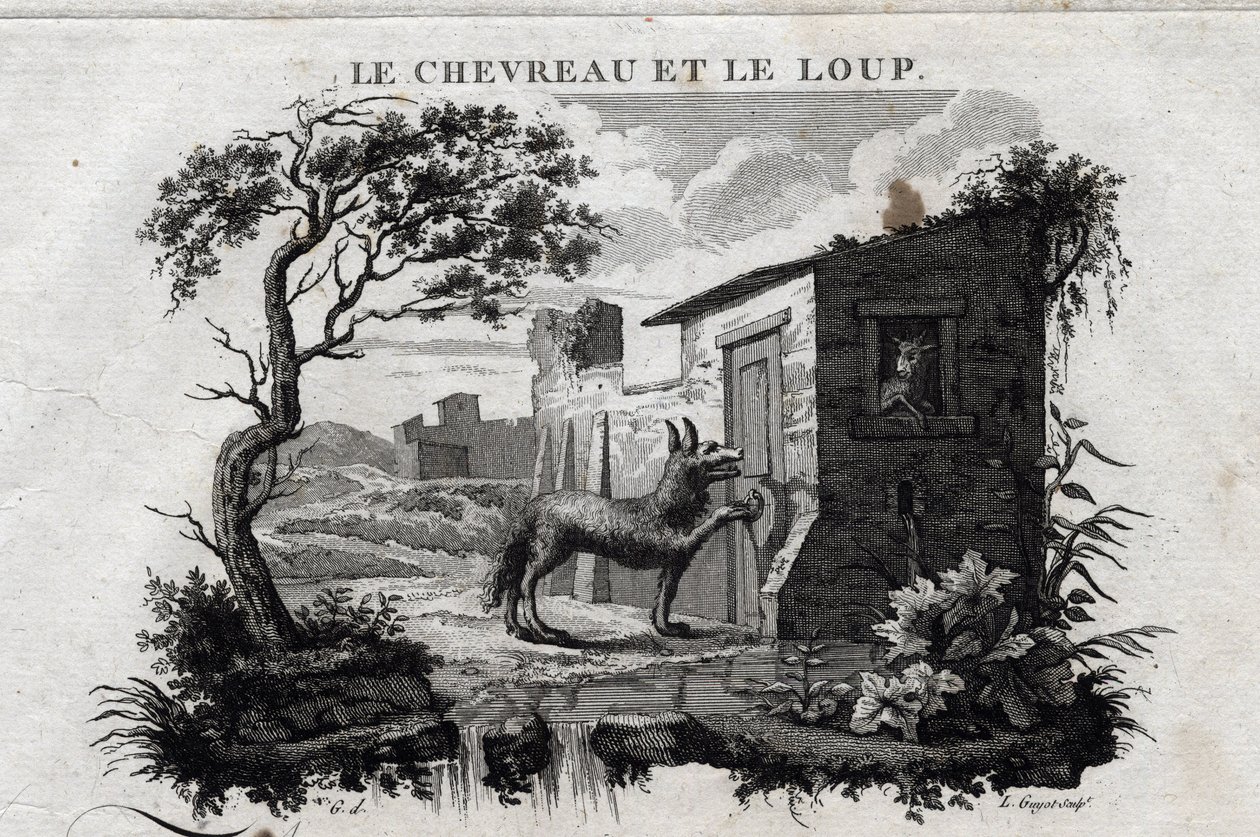 الطفل والذئب. حكاية Esope. (الكاتب اليوناني Esopo أو Ecopus ، القرن السادس قبل الميلاد) كتبه Guillaume Montfort and Gravees بواسطة Beauble في عام 1801. بواسطة المدرسة الفرنسية