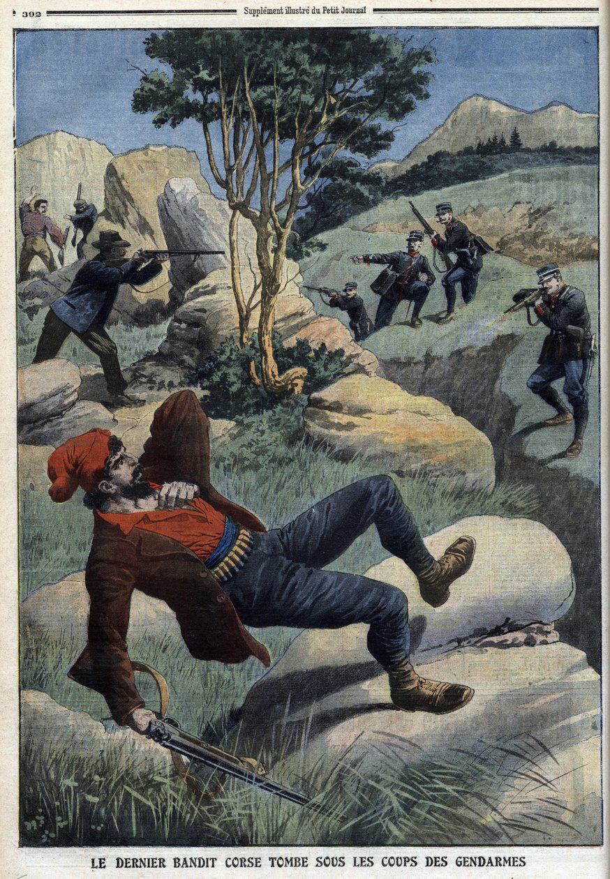 يقع آخر قطاع طرق كورسيكي تحت ضربات رجال الدرك: "Le Petit Journal" بتاريخ 5 ديسمبر 1909 (نقش) بواسطة المدرسة الفرنسية