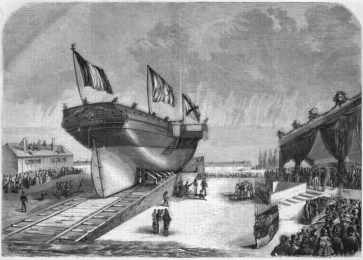 إطلاق الخطوط الملاحية المنتظمة Quirinal في La Seyne عام 1857 (Compagnie des Messageries Maritimes). نقش من 1857. بواسطة المدرسة الفرنسية