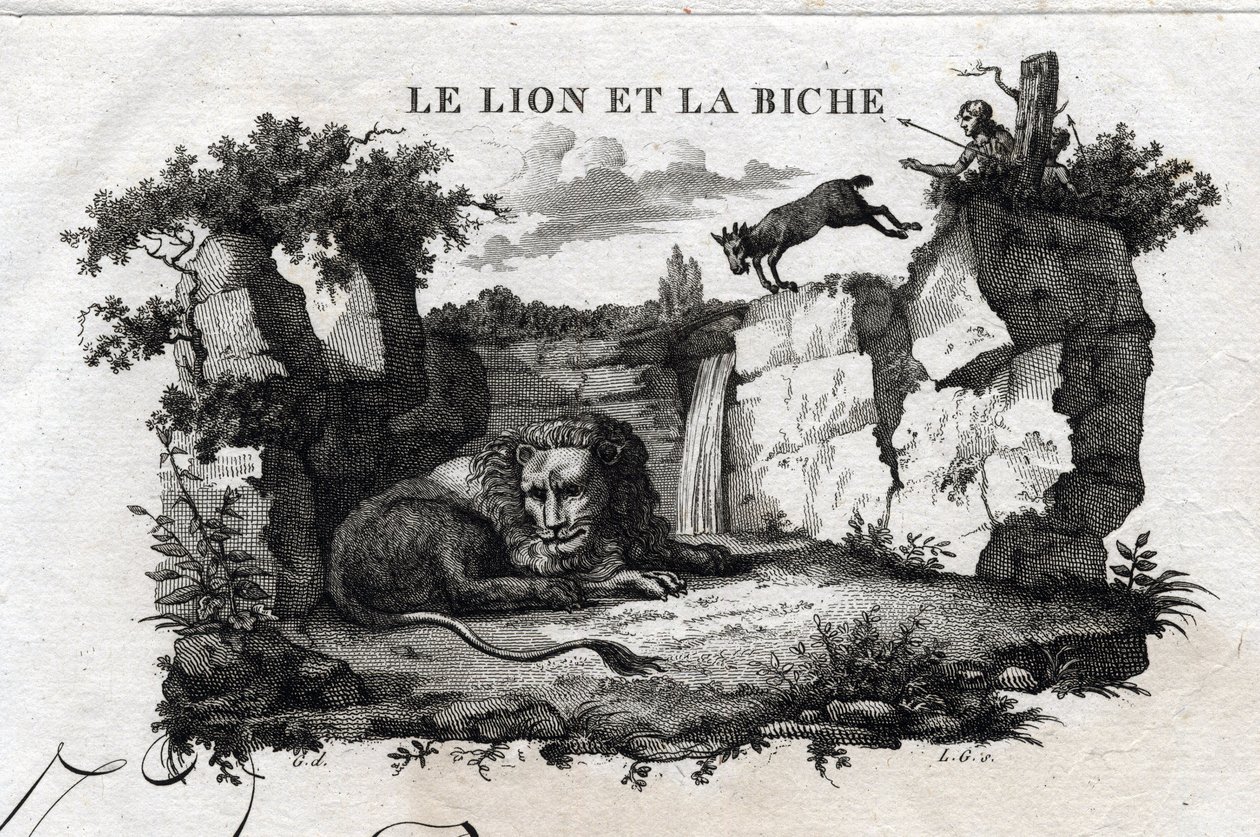 الأسد والغزال. حكاية Esope. (الكاتب اليوناني Esopo أو Ecopus ، القرن السادس قبل الميلاد) كتبه Guillaume Montfort and Gravees بواسطة Beauble في عام 1801. بواسطة المدرسة الفرنسية