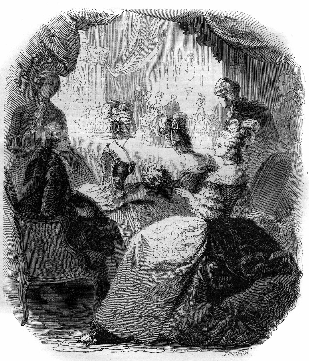 نزل Dauphine Marie Antoinette (1755-1793) أثناء أداء أوبرا كريستوف ويليبالد غلوك "Iphigenie en Aulide" (1714-1787) في 1774. نقش من 1856. بواسطة المدرسة الفرنسية
