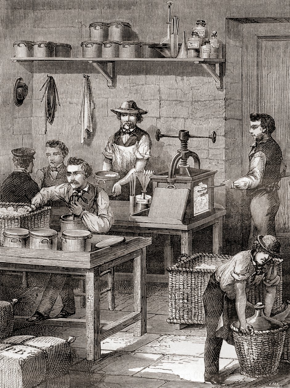 صناعة القطن المسدس في القرن التاسع عشر ، من Les Merveilles de la Science ، تم نشره حوالي 1870 (نقش) بواسطة المدرسة الفرنسية