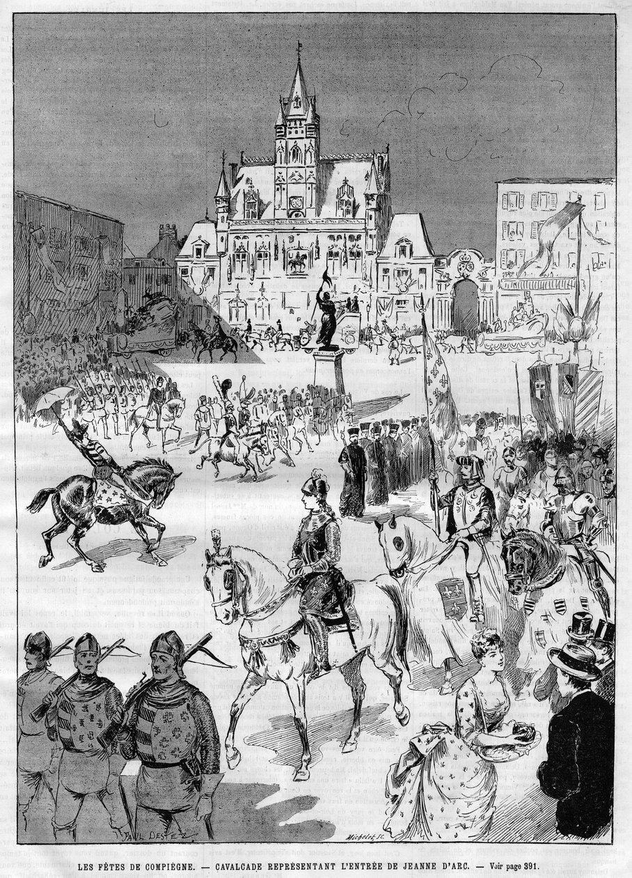أعياد كومبين في القرون الوسطى عام 1886: موكب يمثل مدخل جان دارك (1412-1431). نقش في "" Le Monde Illustré "" بواسطة المدرسة الفرنسية