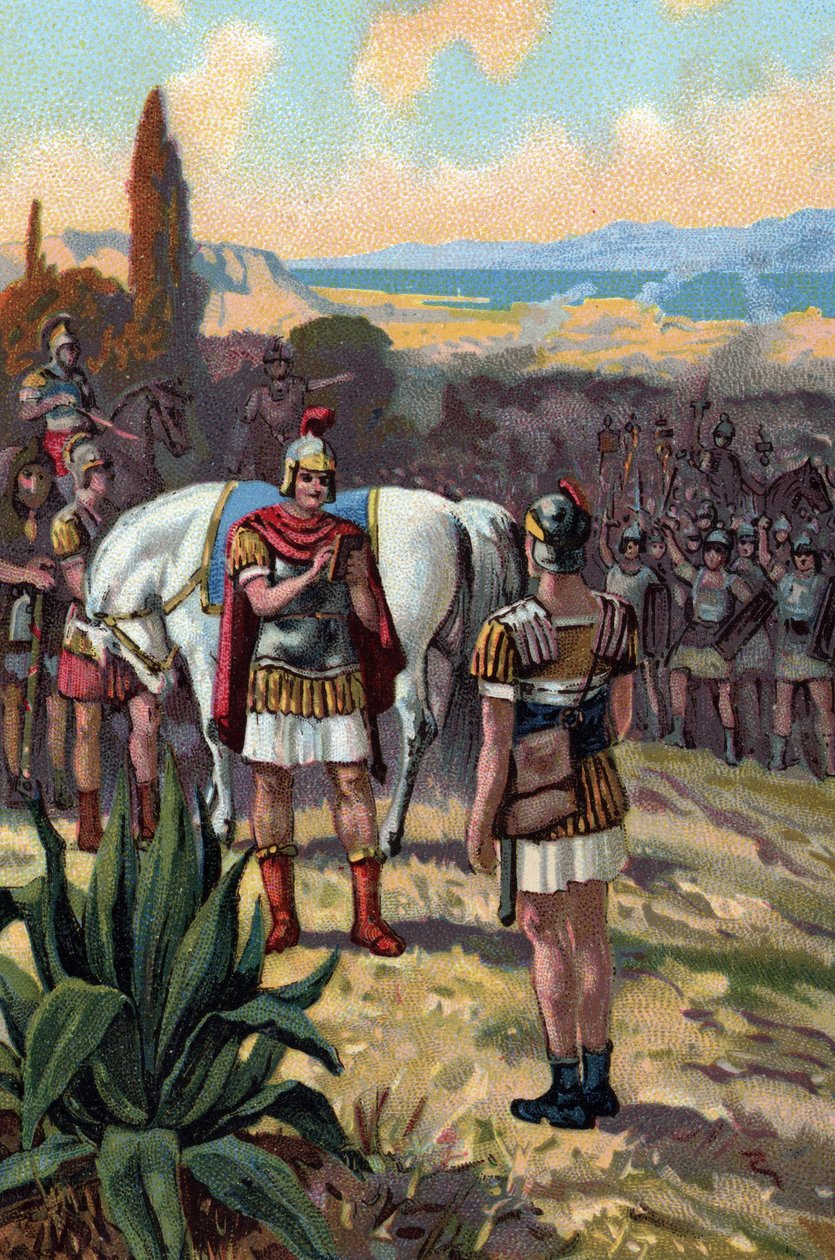 اللقاء بين يوليوس قيصر (100-44 قبل الميلاد) وجسر الملك فارناس الثاني (97-47 قبل الميلاد) في معركة زيلا عام 47 قبل الميلاد وفارناسياس الثاني ملك مملكة بونتوس. بواسطة المدرسة الفرنسية