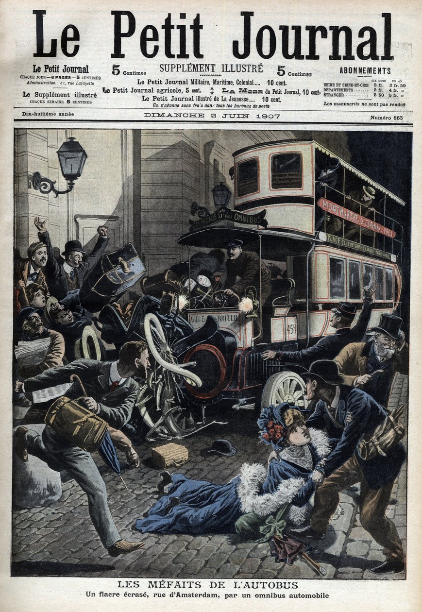 عابثو الحافلة: قصبة سحقها حافلة في شارع باريس بأمستردام "Le Petit Journal" ، يونيو 1907 (نقش) بواسطة المدرسة الفرنسية