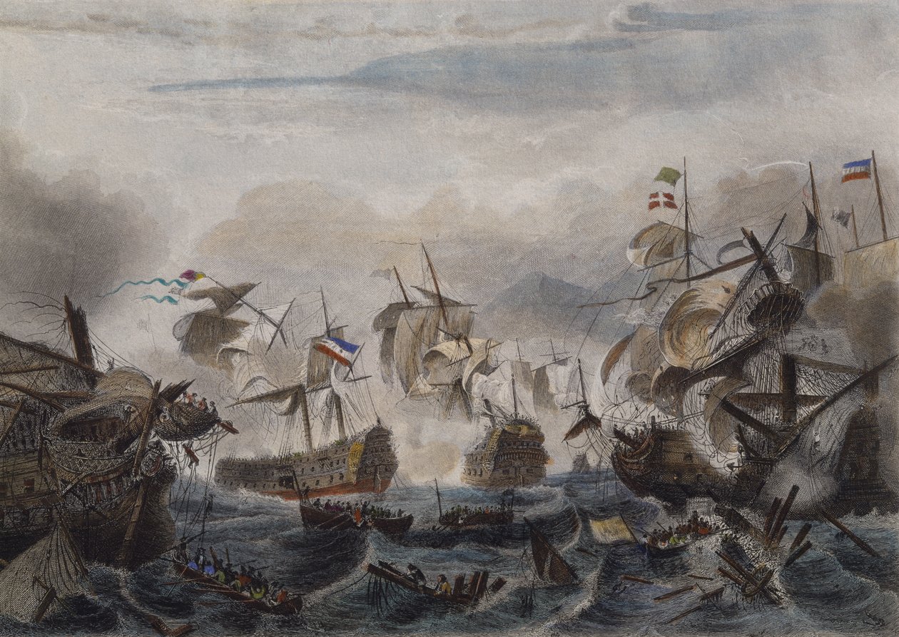المعركة البحرية في كيب لا هوغ عام 1692 ، محفورة بواسطة تشافان (النقش الملون) بواسطة المدرسة الفرنسية