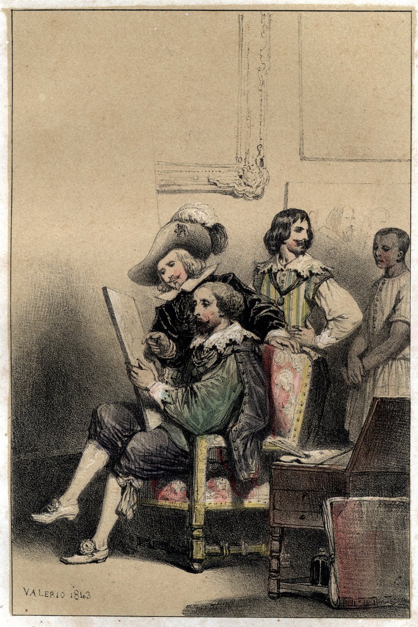 رحب الرسام دييجو فيلاسكيز (1599-1660) في مرسمه بيير بول (بيير بول) روبنز (أو بيتر بول أو بيتروس بولوس) (1577-1640). لوحة مأخوذة من نقش "" Scenes de la vie des hommes الشهيرة "" بدرجتين من Valerio. 1843. بواسطة المدرسة الفرنسية