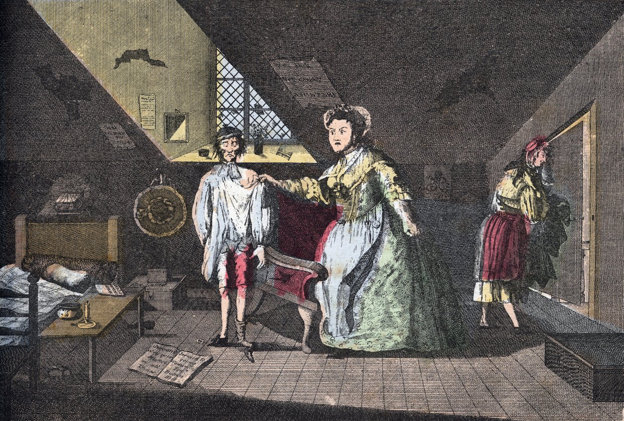 الخياط الورع وقع في الزنا. نقش الملفوف من عام 1768 في "" Lire Et Galanterie "". مجموعة أسبوعية من صور Galantes في اتجاه جون جراند كارتريت. 1903-1904. بواسطة المدرسة الفرنسية