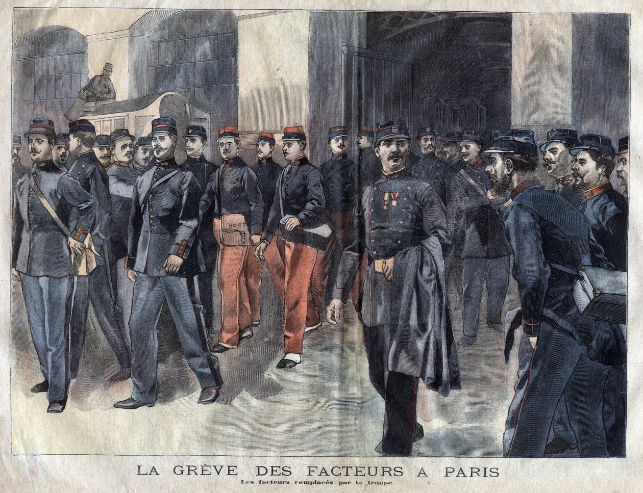 إضراب سعاة البريد: جنود وحراس بلديون مكلفون بتوزيع الرسائل في باريس. نقش عام 1899 في "" La petite Gironde " بواسطة المدرسة الفرنسية