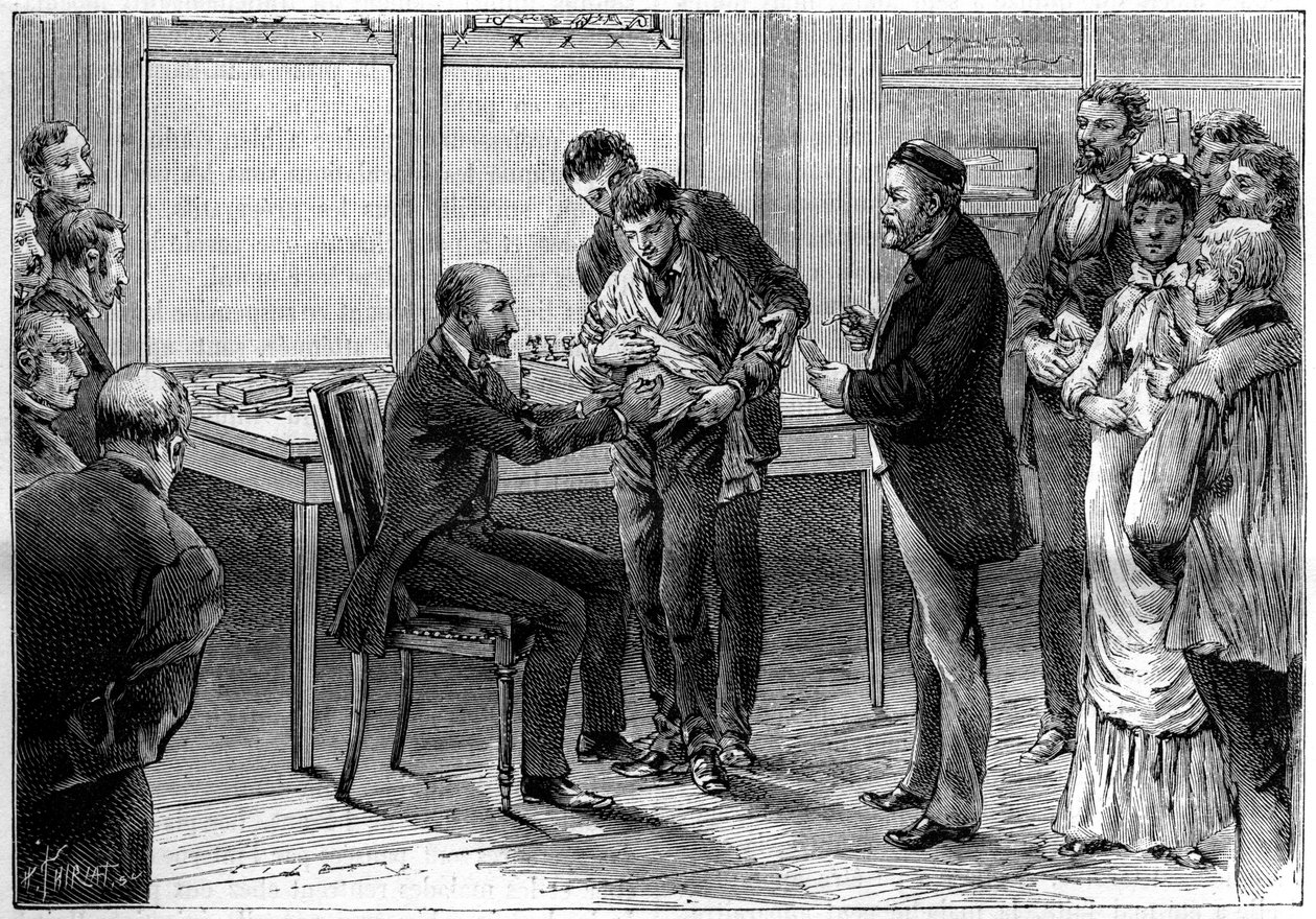 عمليات لقاح داء الكلب ، في مختبر لويس باستور (1822-1895) ، رسم بواسطة طبيعة C. Gilbert d'Apres. النقش في "" الطبيعة. مجلة العلوم وتطبيقاتها في الفنون والصناعة " بواسطة المدرسة الفرنسية