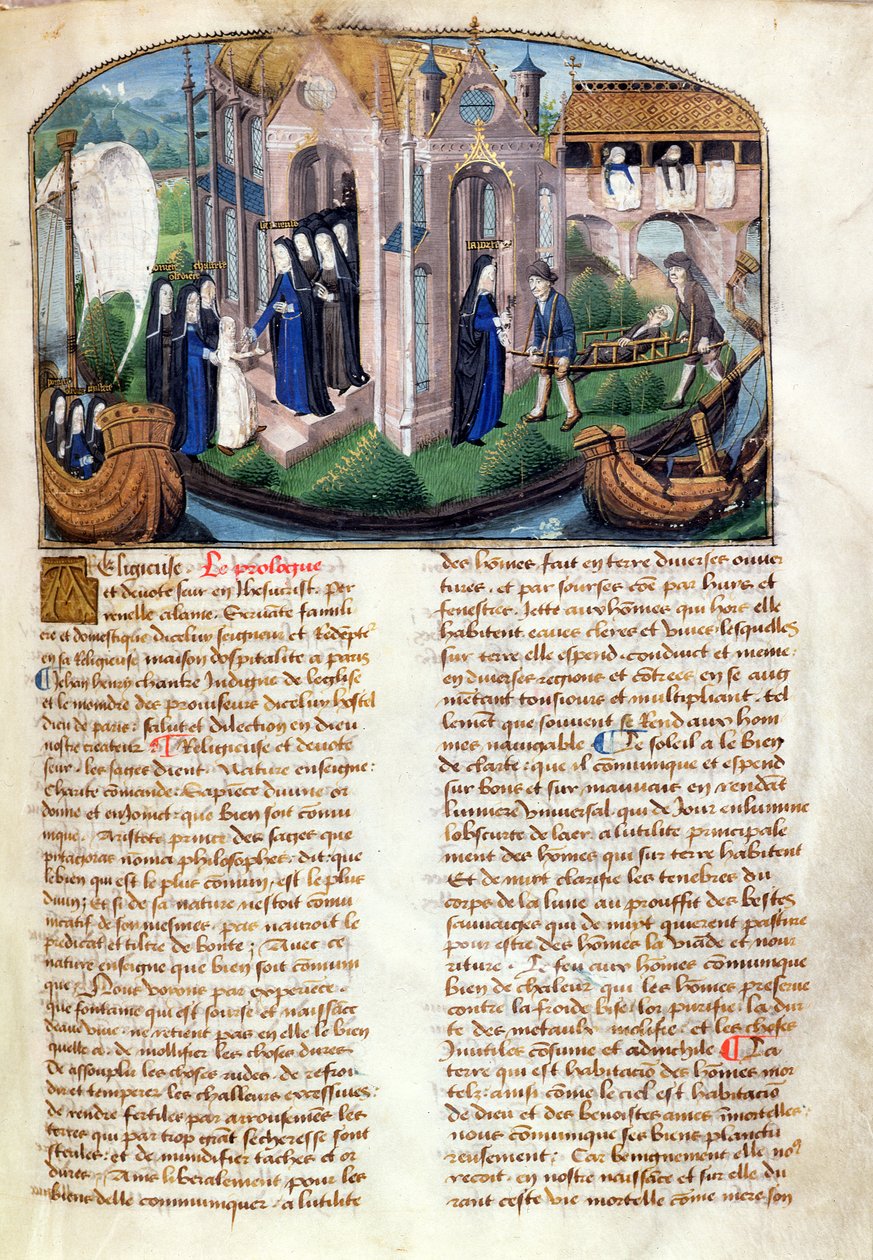 استقبال مبتدئ واستقبال مريض ، من Le Livre de Vie Active de lHotel Dieu de Paris بواسطة Jean Henry ، c.1482 (انظر أيضًا 236790) بواسطة المدرسة الفرنسية