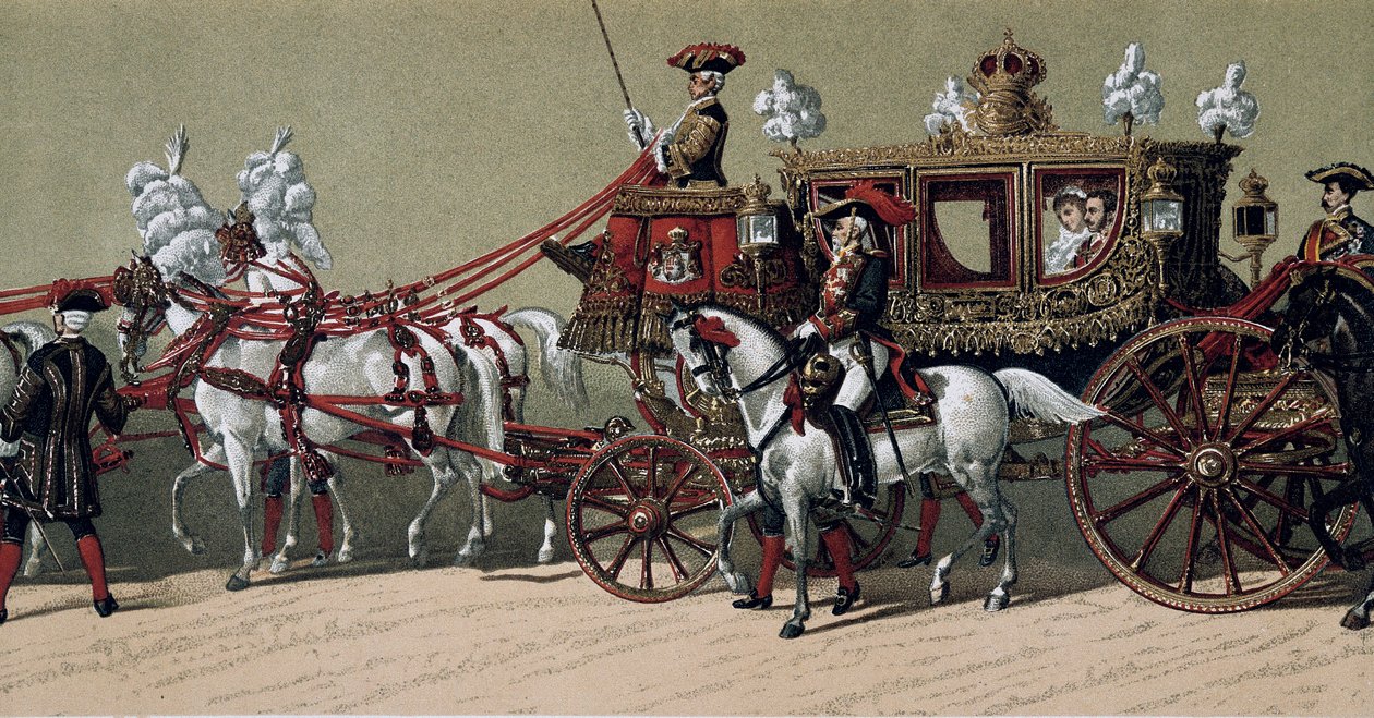 الموكب الملكي عند زواج الملك ألفونسو الثاني عشر ملك إسبانيا (1857-1885) وماري كريستين دي تيشين (1858-1929) في عام 1879 (رسم) بواسطة المدرسة الفرنسية