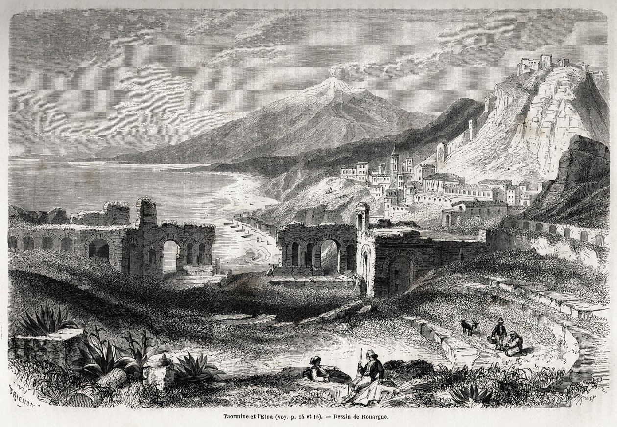 The ruins of the ancient theatre of Taormina (Tauromenium), at the foot of Mount Taurus, overlooking the modern village of Giardini and the Etna, drawing by Adolphe Rouargue (1810-187?) and Emile Rouargue (ca1795-1865) to illustrate Felix Bourquelot