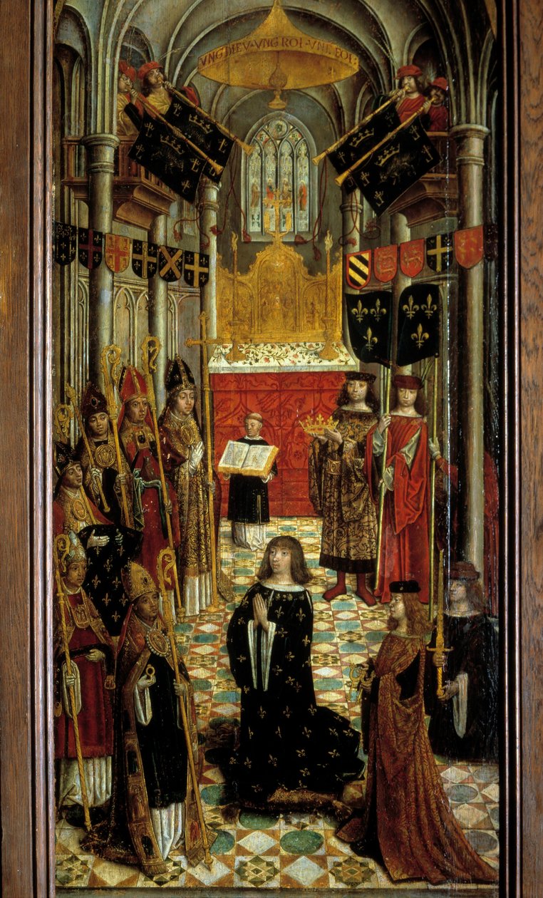 مقدس لويس الثاني عشر (1462-1515) في كاتدرائية ريمس في 27 مايو 1498 رسم على خشب المدرسة الفرنسية في القرن السادس عشر. 1501. خافت. 1،95x0،5 م. باريس ، المتحف الوطني للعصور الوسطى ، Thermes de Cluny بواسطة المدرسة الفرنسية
