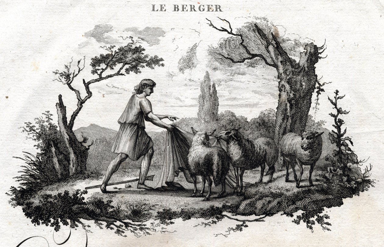 الراعي. حكاية Esope. (الكاتب اليوناني Esopo أو Ecopus ، القرن السادس قبل الميلاد) كتبه Guillaume Montfort and Gravees بواسطة Beauble في عام 1801. بواسطة المدرسة الفرنسية