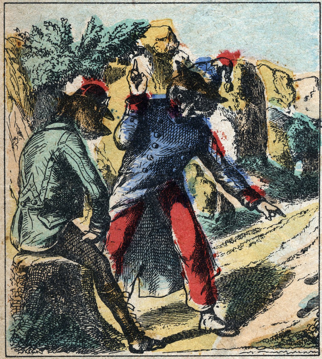 الأسد المريض والثعلب. أساطير جان دي لافونتين (1621-95). تصوير إبينال من نهاية القرن التاسع عشر. بواسطة المدرسة الفرنسية