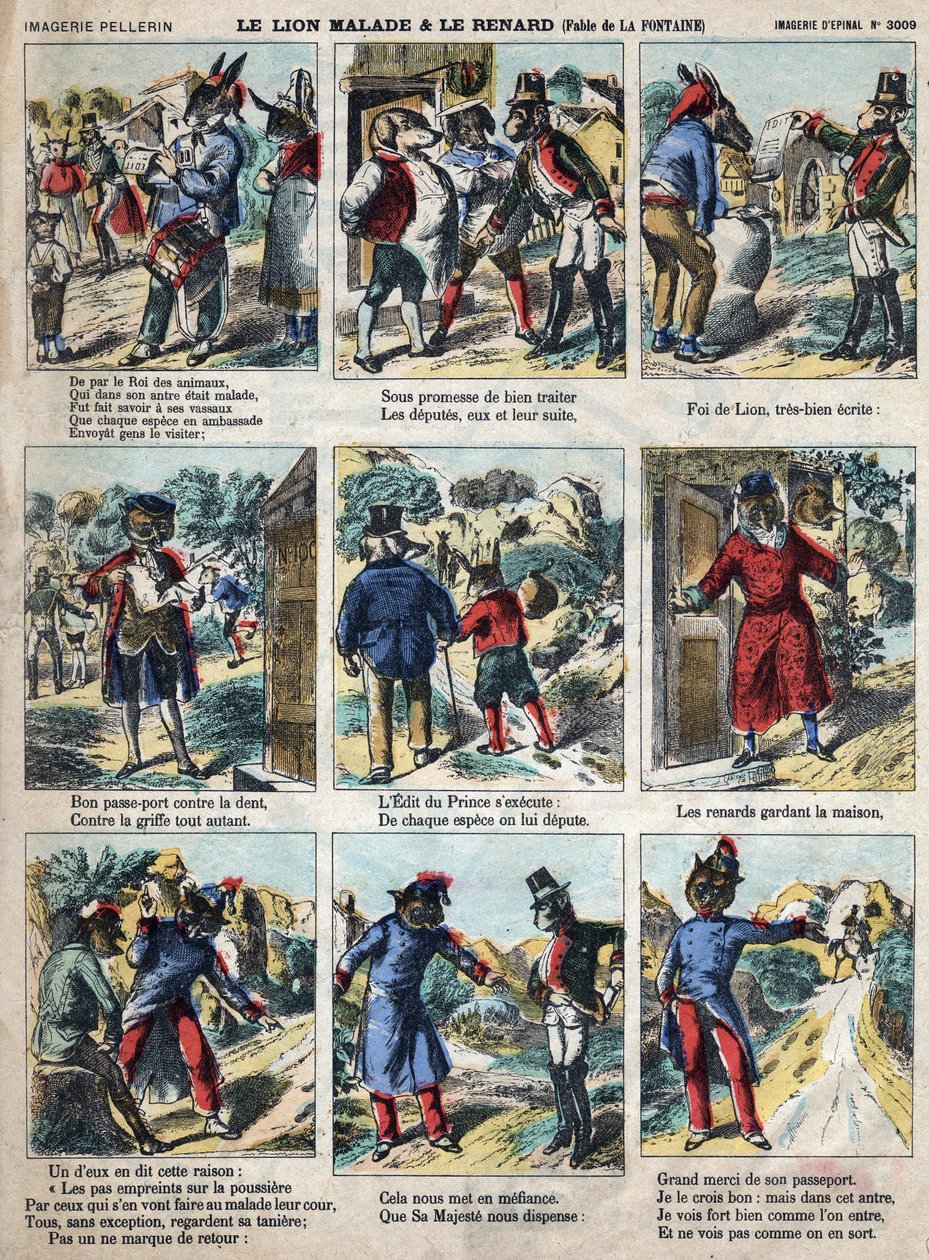 الأسد المريض والثعلب. أساطير جان دي لافونتين (1621-95). تصوير إبينال من نهاية القرن التاسع عشر. بواسطة المدرسة الفرنسية