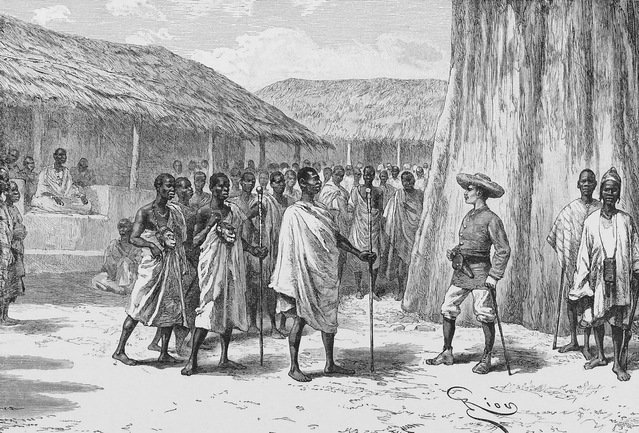 توقيع المعاهدة في Aouabou ، رسم توضيحي من "Du Niger au Golfe de Guinee ..." ، بقلم لويس غوستاف بينغر بواسطة المدرسة الفرنسية