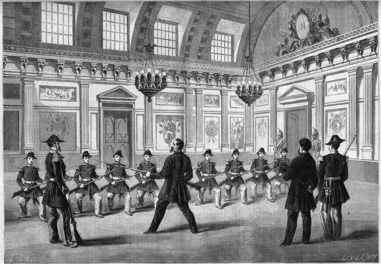 ابن نابليون الثالث ، الأمير الإمبراطوري (1856-1879) ، يمارس السلاح مع حراس الحرس ، قبل والده الإمبراطور نابليون الثالث (1808-1873) ، في غرفة الحراسة بقلعة كومبيين. نقش في "" Le Monde Illustré "" رقم 349 بتاريخ 19 ديسمبر بواسطة المدرسة الفرنسية