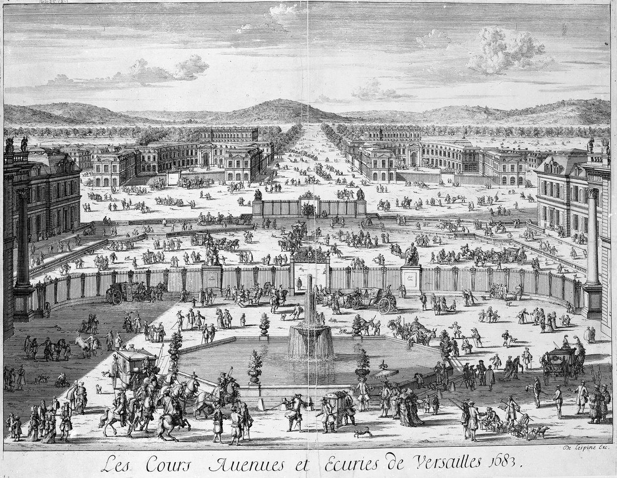 اسطبلات وبوابات فرساي ينظر إليها من القصر ، 1683 بواسطة المدرسة الفرنسية