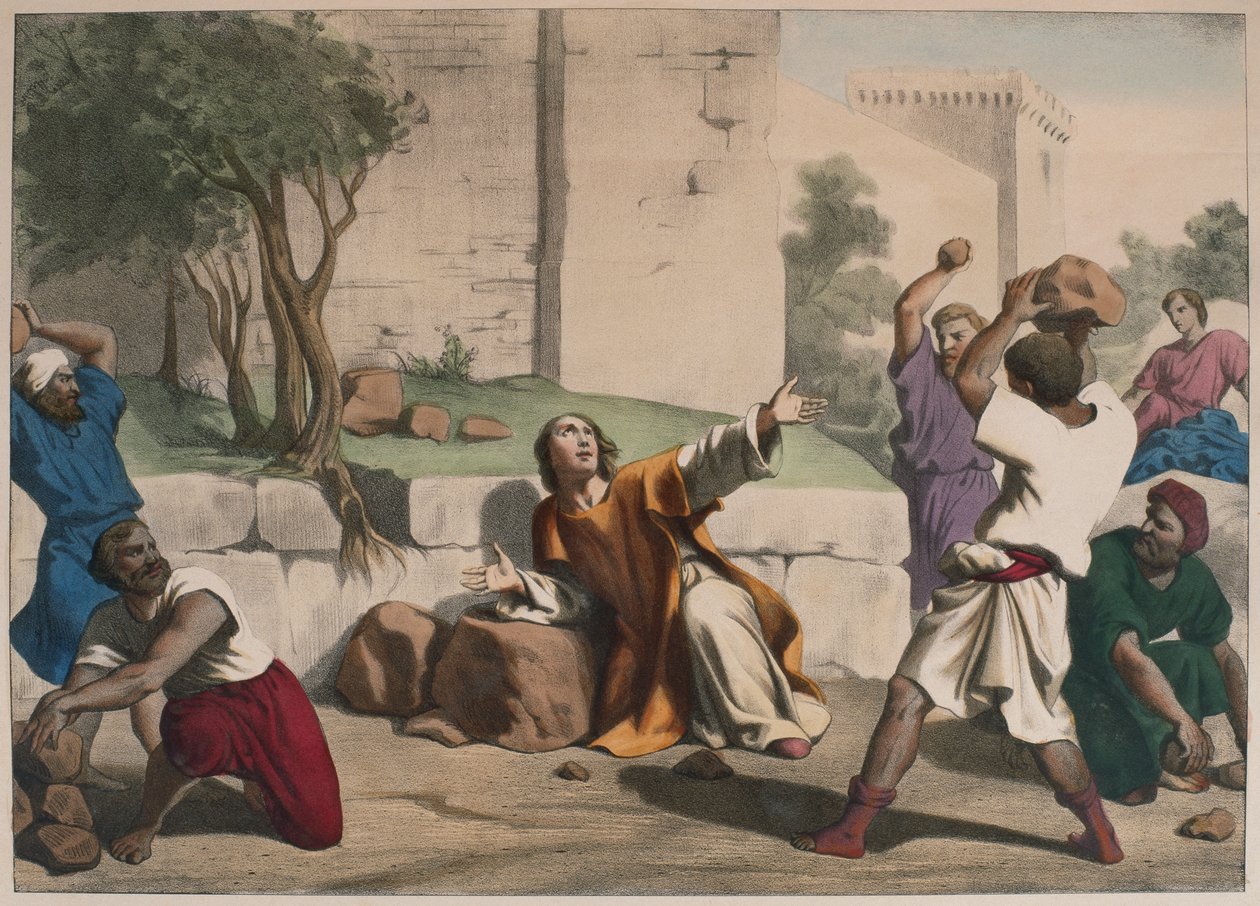 رجم القديس ستيفن ، رسم توضيحي من التعليم المسيحي Listoire Sainte ، نشره Charles Delagrave ، باريس ، أواخر القرن التاسع عشر بواسطة المدرسة الفرنسية