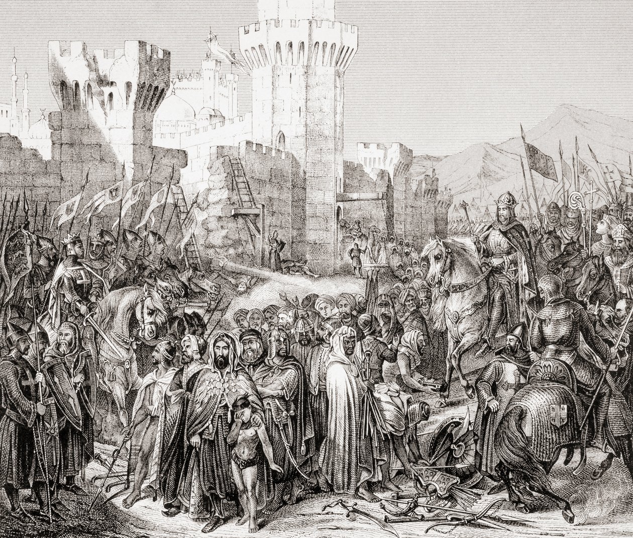 The surrender of Acre to Philip II of France, called Philip Augustus, during the Third Crusade, from L