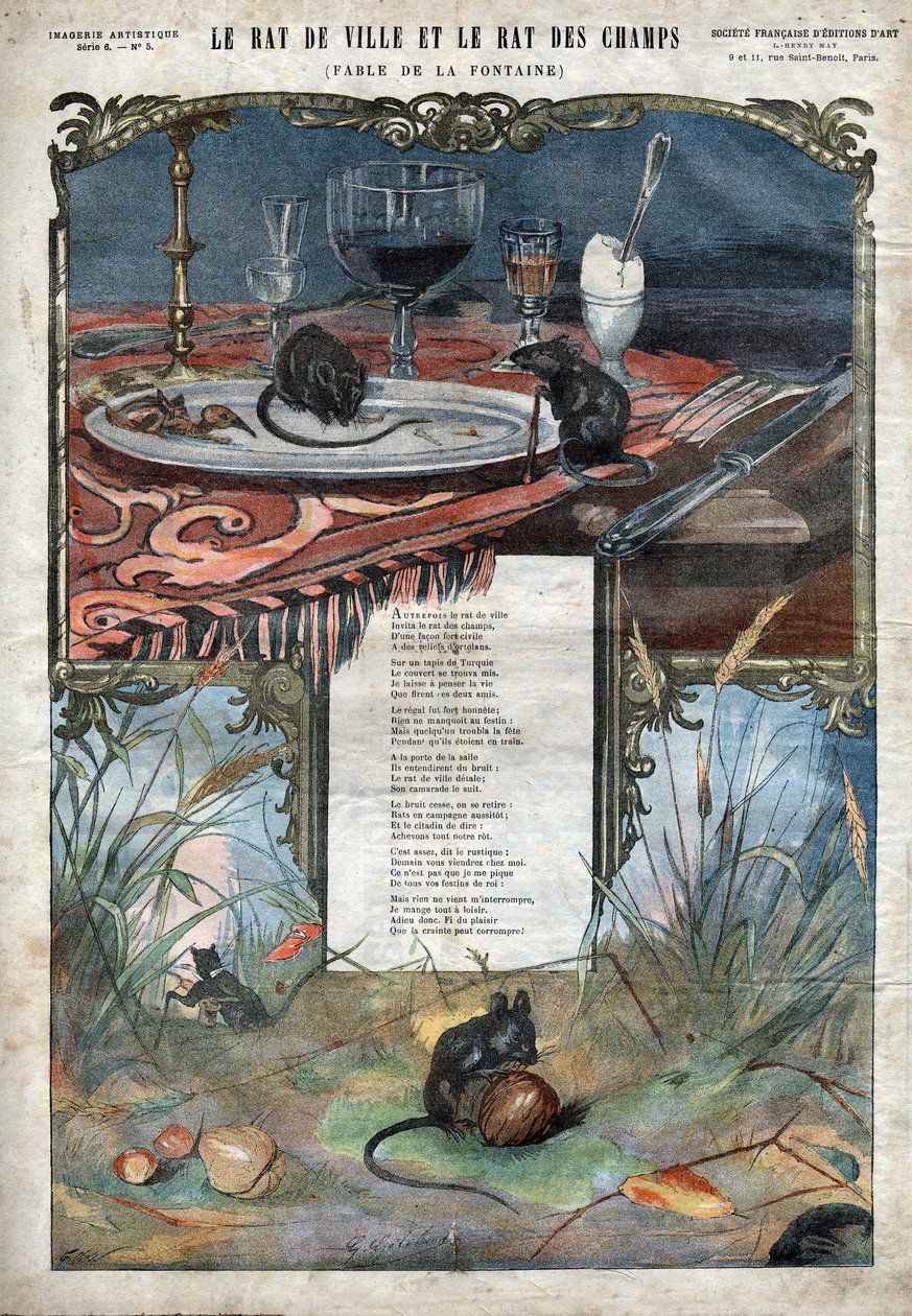 فأر المدينة وجرذ الحقل. أساطير جان دي لافونتين (1621-95). إيضاح نهاية القرن التاسع عشر. بواسطة المدرسة الفرنسية