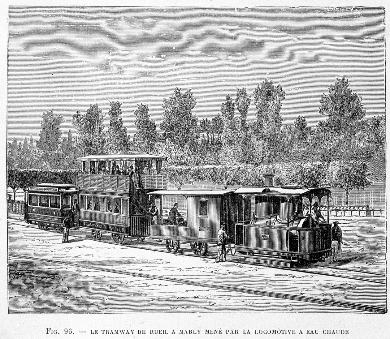 The tram from Rueil to Marly, led by the hot water locomotive - in “” The new conquests of science”” by Louis Figuier بواسطة المدرسة الفرنسية