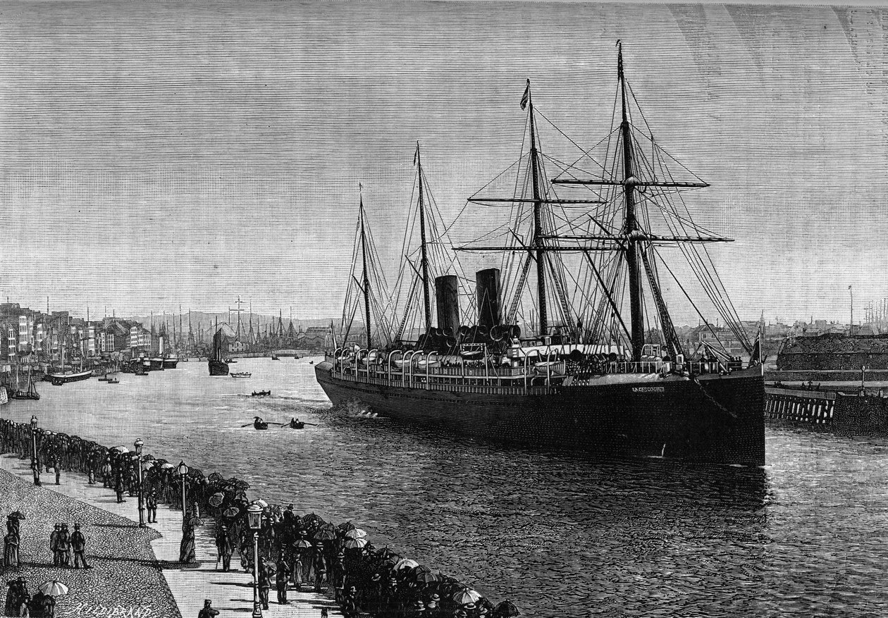 السفينة العابرة للأطلسي "La Gascogne" في ميناء لوهافر عام 1887. نقش في المجلة اللامعة "La jeunesse" بواسطة المدرسة الفرنسية