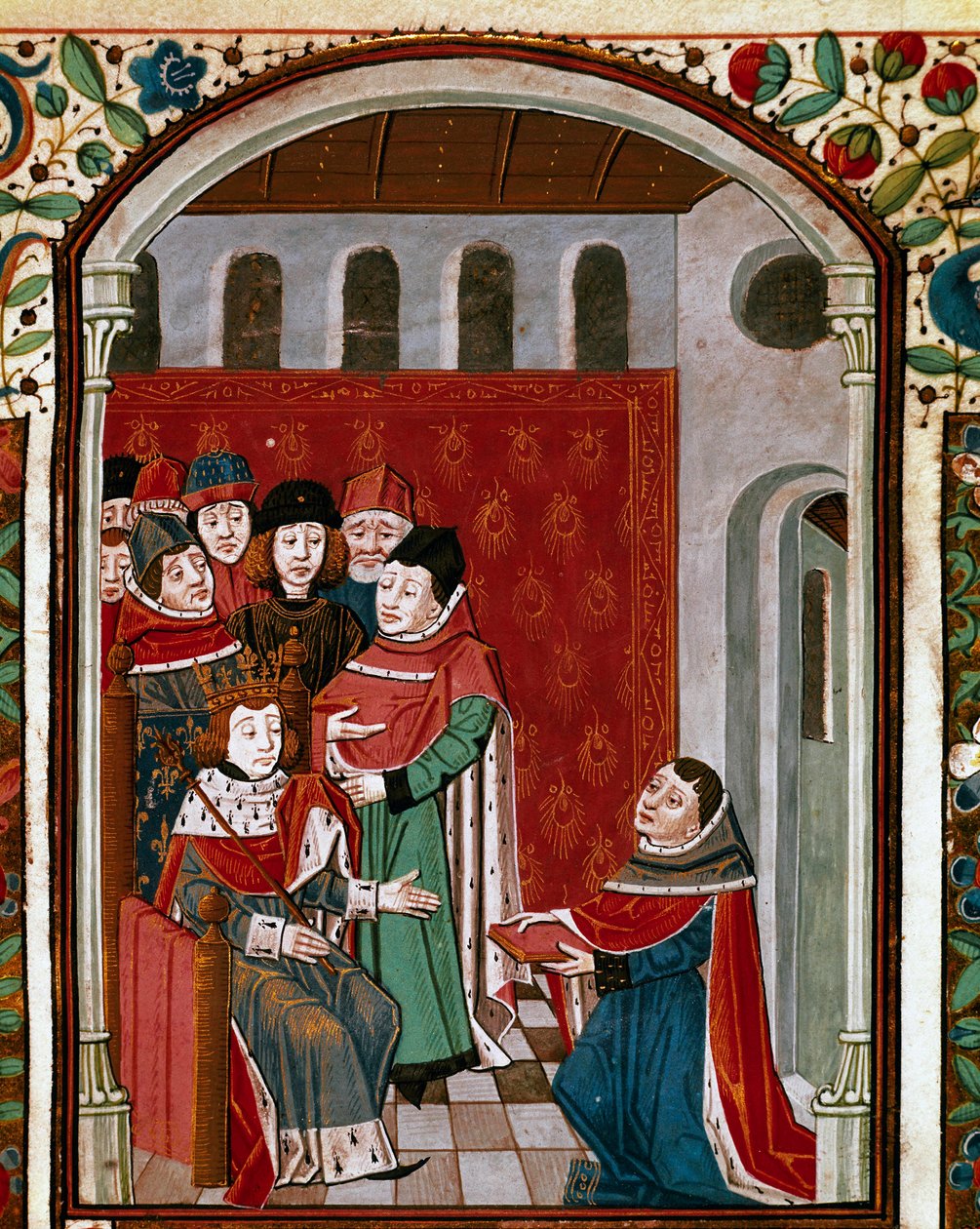 يتبرع المترجم جون دي ميونغ (أو Clopinel أو Chopinel) (1240-1305) بعمله للملك فيليب الرابع الجميل (1268-1314). صورة مصغرة مأخوذة من "" De Consolatione Philosophiae "للفيلسوف اللاتيني Boece (Boetius) (475-520) ، ترجمة جان د. بواسطة المدرسة الفرنسية