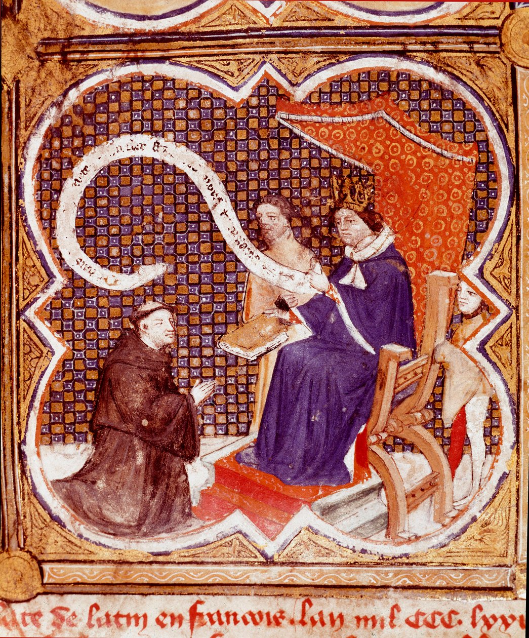 يقدم المترجم كتابه للملك تشارلز الخامس (1338-1380) صورة مصغرة مأخوذة من "Le livre des proprietes des choses" (De proprietatibus rerum) بواسطة بارتليمي الإنجليزي ، ترجمه جون كوربيشون. القرن ال 15. ريمس ، مكتبة البلدية بواسطة المدرسة الفرنسية