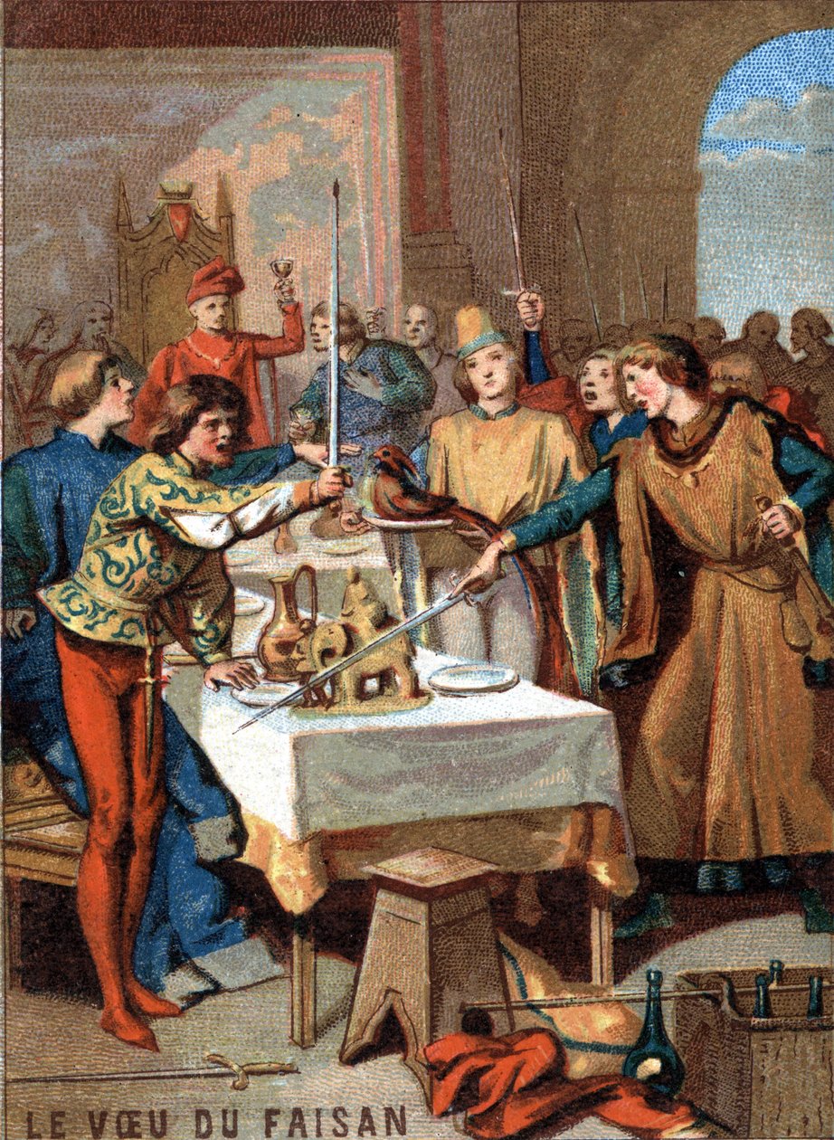 أمنية الدراج (1454): خلال العيد الذي نظمه فيليب الثالث الصالح ، دوق بورغندي ، أقسم الضيوف على طائر تزينه عقد من اللؤلؤ لإبادة الترك. الطباعة الحجرية الملونة لسلسلة التربية الوطنية "" من خلال الأول بواسطة المدرسة الفرنسية