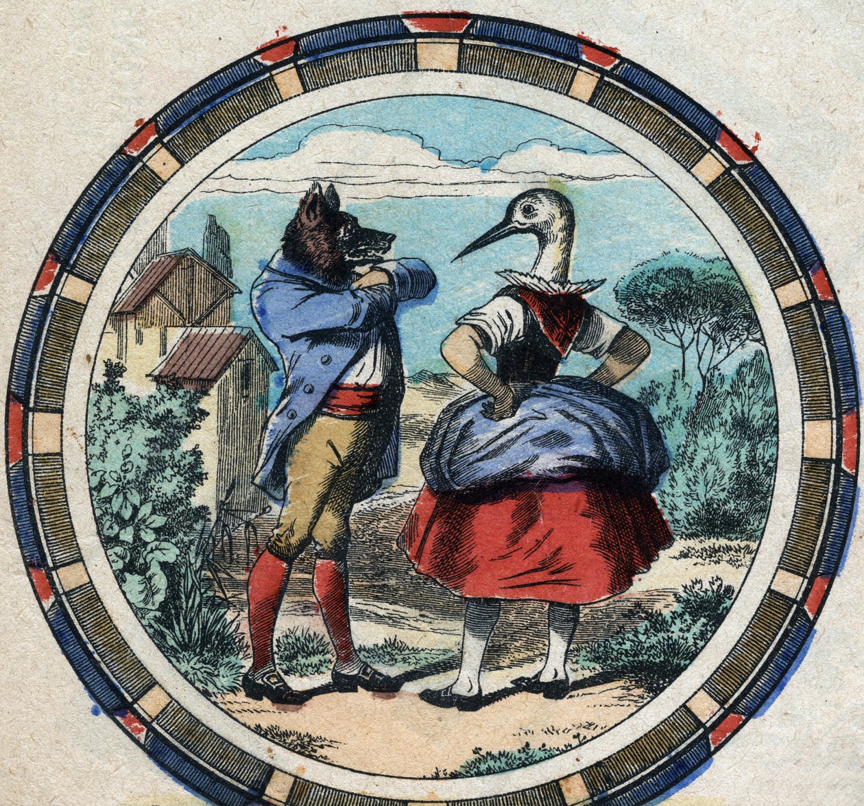 الذئب واللقلق. أساطير جان دي لافونتين (1621-95). تصوير إبينال من نهاية القرن التاسع عشر. بواسطة المدرسة الفرنسية