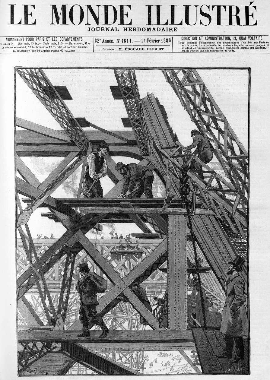 أعمال برج إيفل للمعرض العالمي لعام 1889 عمال على ارتفاع خمسين مترا فوق سطح الأرض. في "العالم اللامع" عام 1888. بواسطة المدرسة الفرنسية