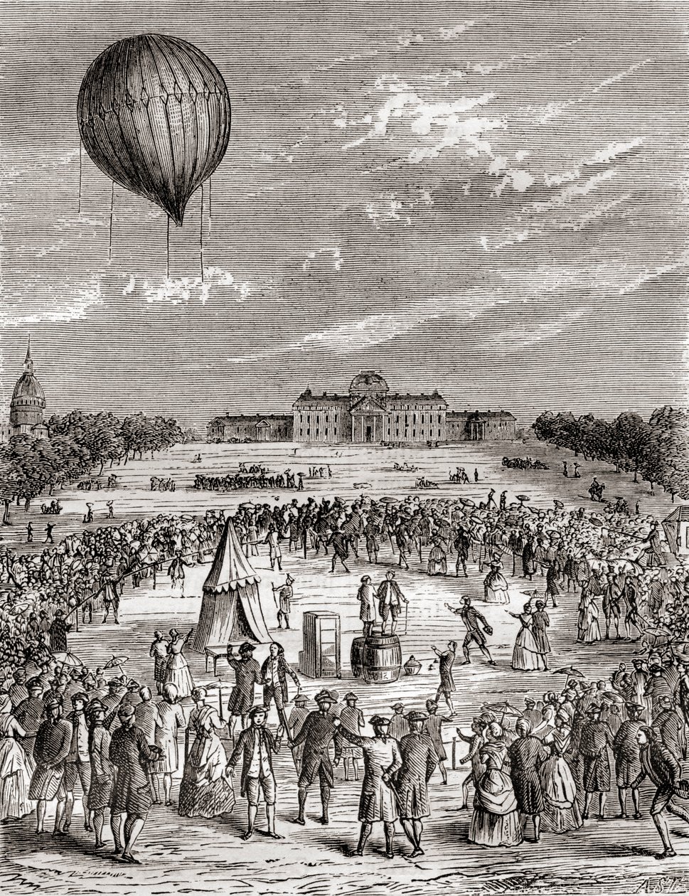 أول بالون هيدروجين في العالم ، تم إطلاقه فوق Champs de Mars ، باريس ، فرنسا في عام 1783 ، من Les Merveilles de la Science ، تم نشره حوالي عام 1870 (نقش) بواسطة المدرسة الفرنسية