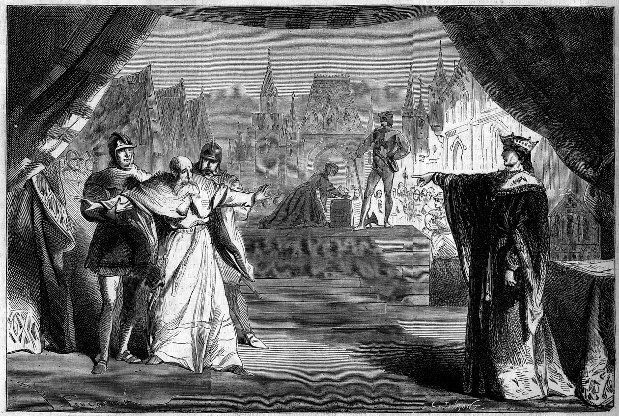 التمثيل المسرحي: المشهد السابع من الفصل الثاني من "ابنة القاضي الفرانك" لأدولف كاركاسون (1826-1891). مسرح مرسيليا بواسطة المدرسة الفرنسية